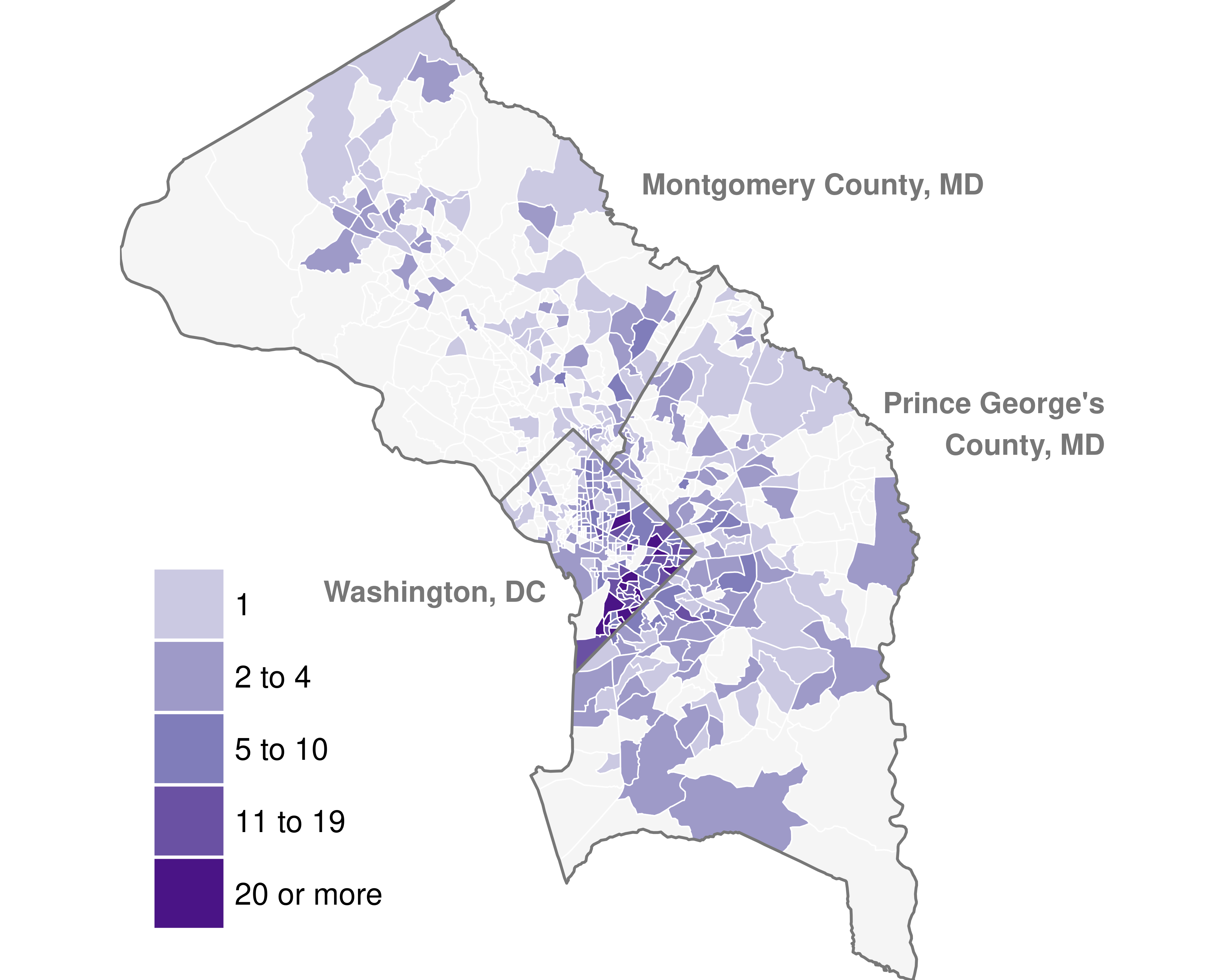 Source: DC Open Data, 2017-2023. Prince George's County Open Data, 2017-2023. Montgomery County Open Data, 2017-2023.